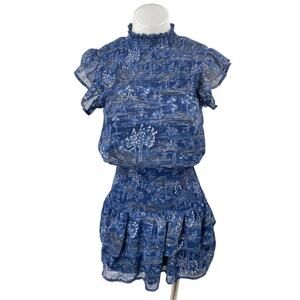 Aqua Blue Floral Smocked Mock Neck Short Flutter Sleeve Mini Blouson Dress Sz XS